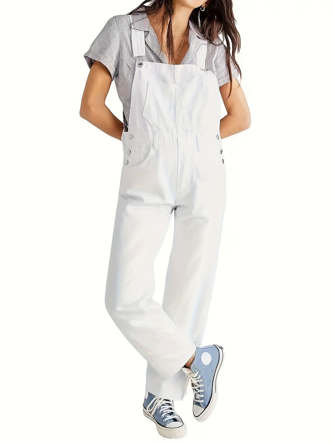 Relaxed fit women's denim jumpsuit, offering comfy versatile everyday wear & stylish autumn fashion.
