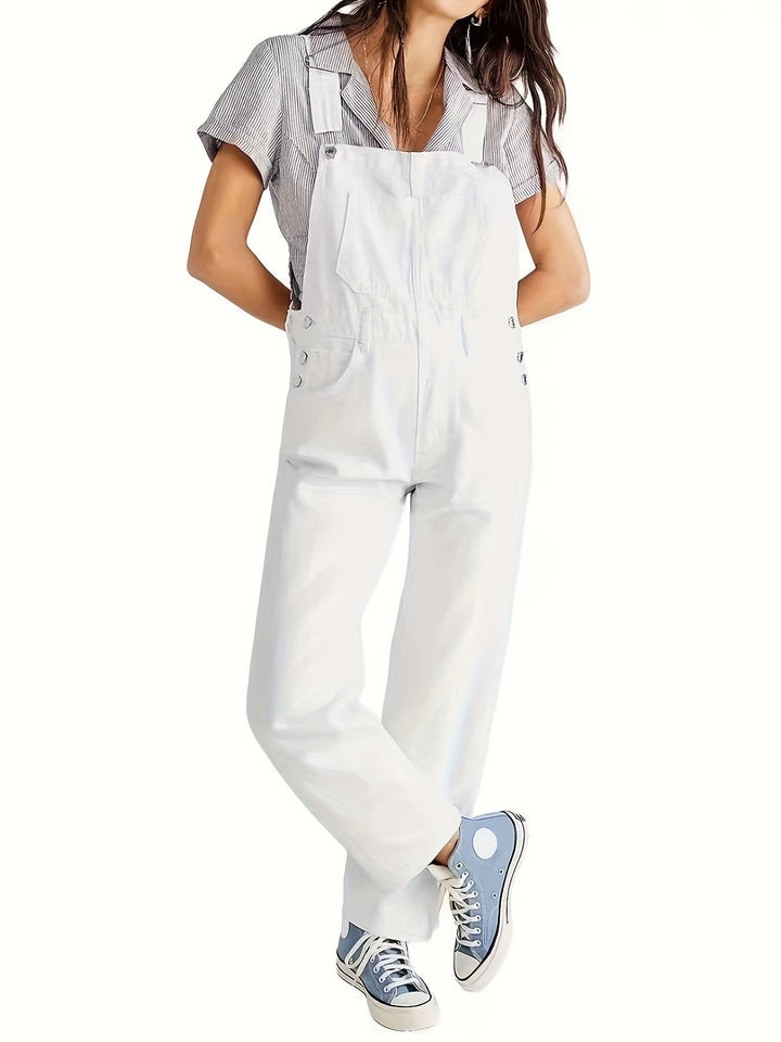 Relaxed fit women's denim jumpsuit, offering comfy versatile everyday wear & stylish autumn fashion.