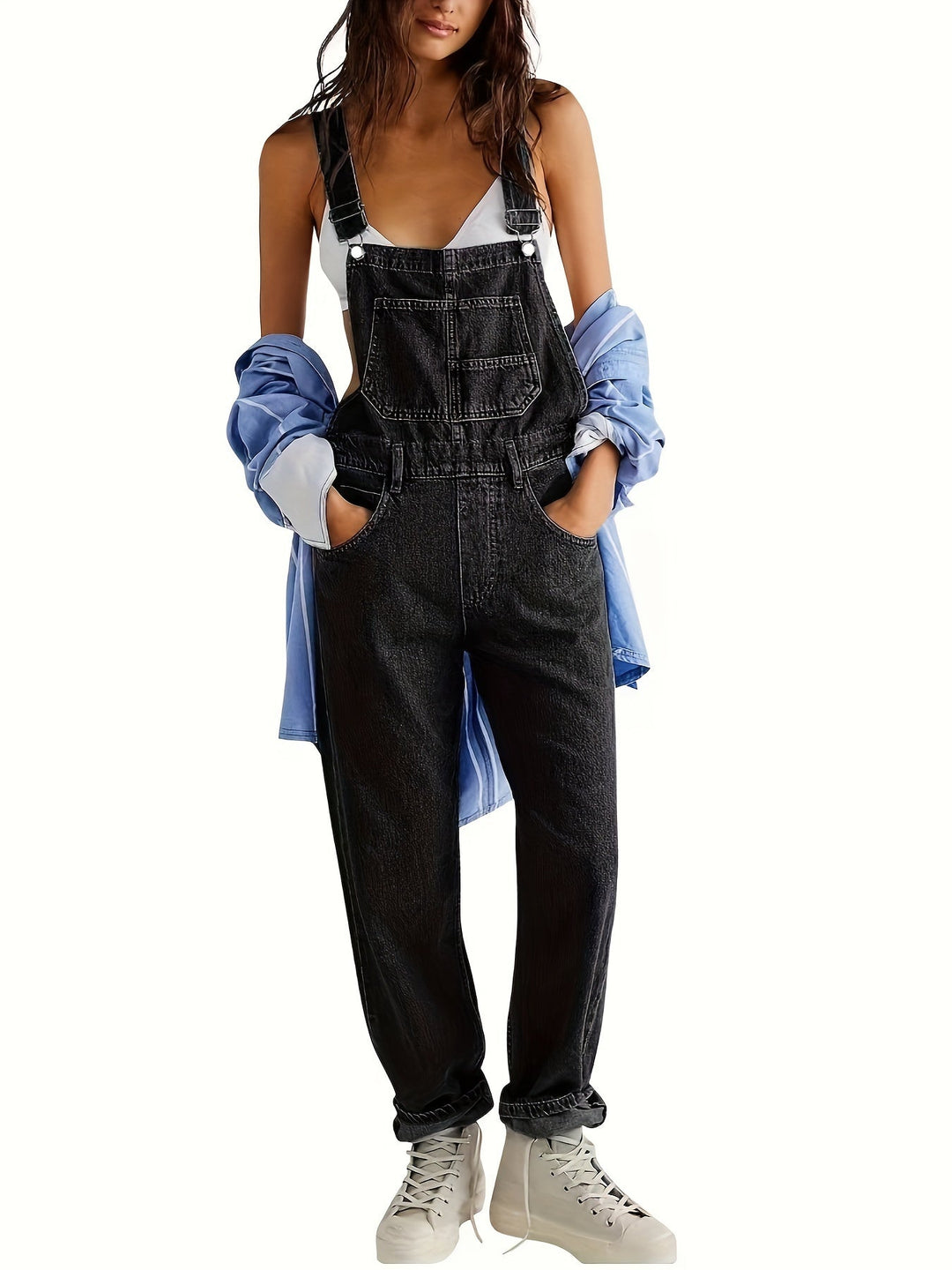 Stylish women's denim jumpsuit, perfect for spring & summer casual outfits. Effortless comfort & city style.