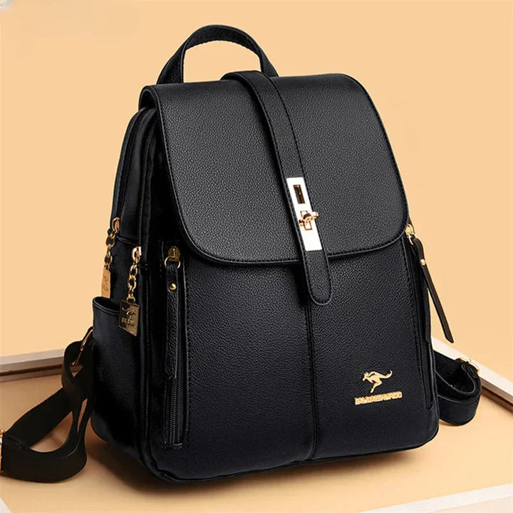 Women's stylish genuine leather backpack for daily use, perfect for work or travel with elegant design.