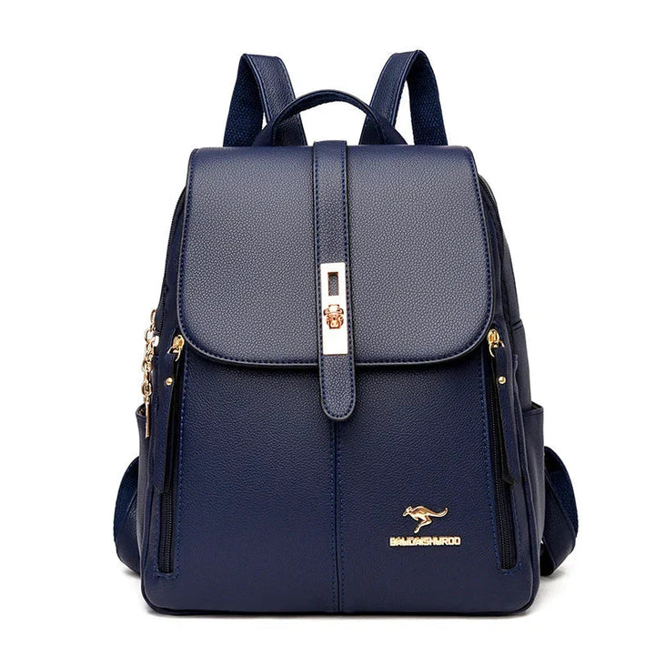 Stylish women's leather backpack, a chic fashion accessory for daily carry, enhancing any elegant outfit.
