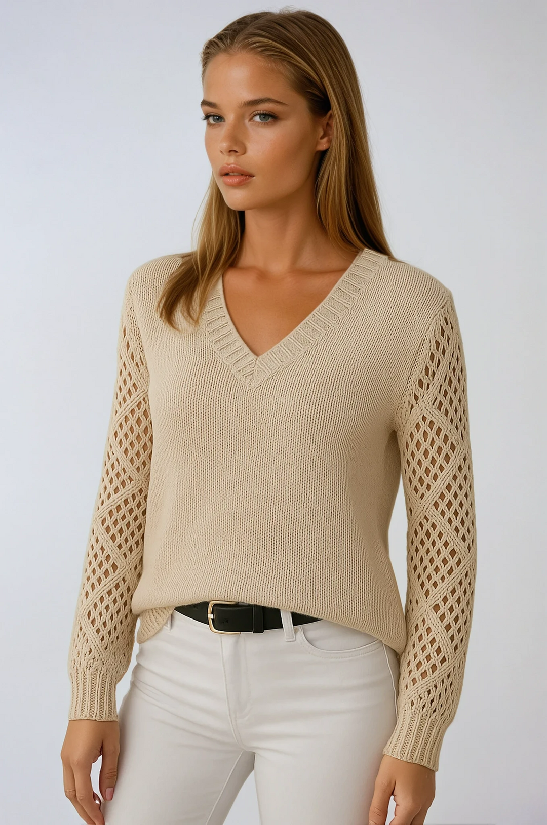 Women's stylish knit sweater with elegant crochet sleeves. Perfect for chic layering & comfort.