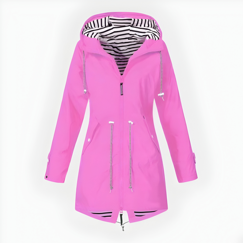Women's stylish long rain jacket. Waterproof, windproof, hooded for all-weather outdoor adventures.