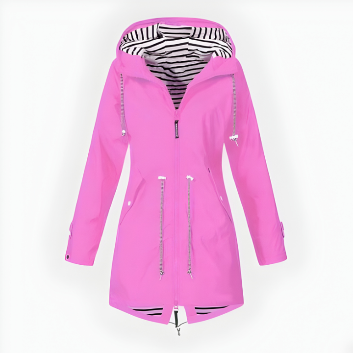Women's stylish long rain jacket. Waterproof, windproof, hooded for all-weather outdoor adventures.