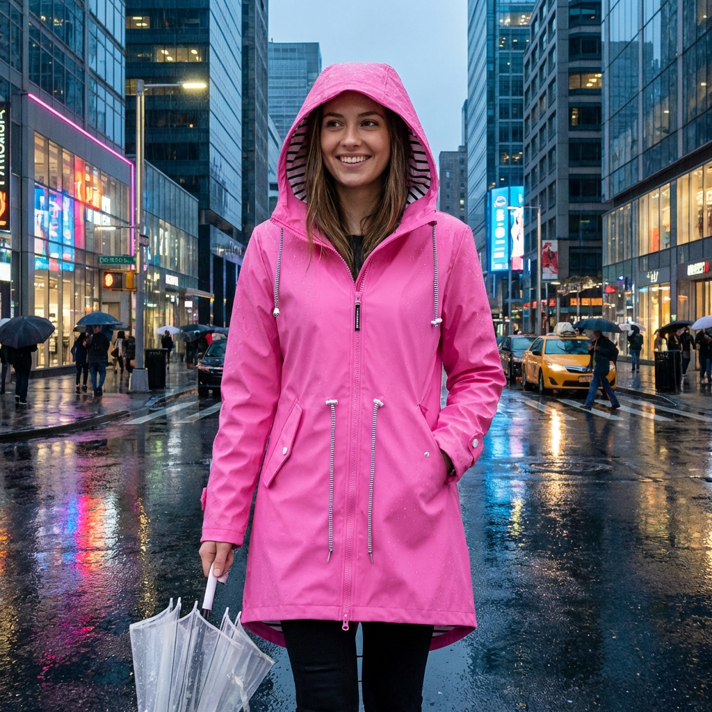 Elegant women's waterproof long rain jacket with tailored fit. Perfect for stylish outdoor adventures.