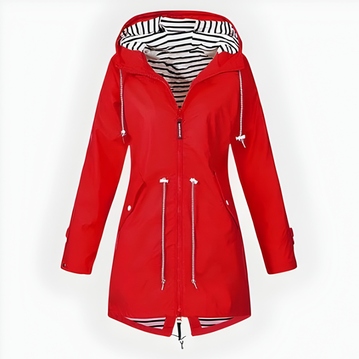 Fashionable women's hooded raincoat, windproof & waterproof. Ideal for all-weather protection & style.
