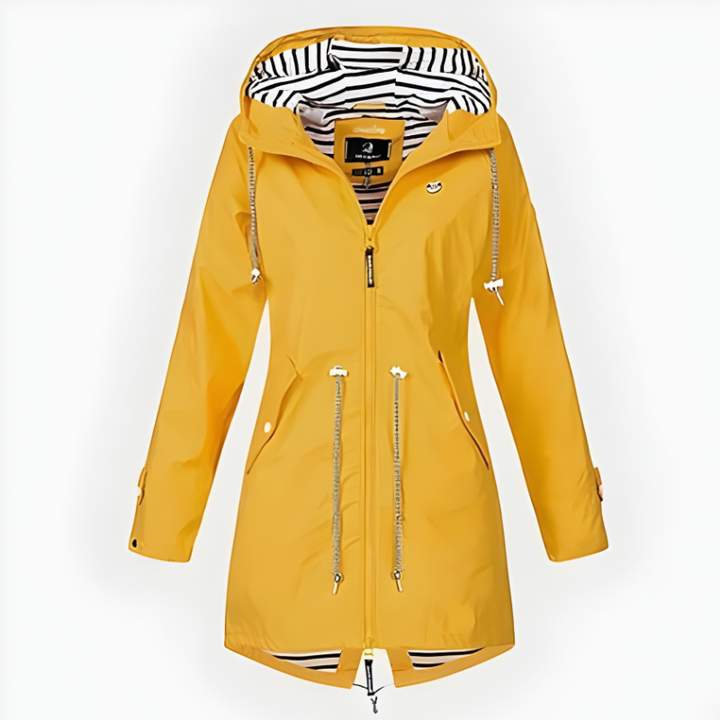 Long women's windproof and waterproof jacket. Stylish outerwear for elegant women's fashion & outdoor use.