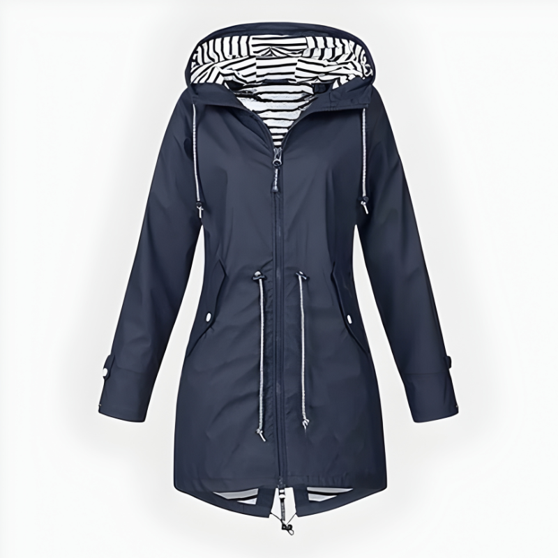 Women's all-weather long rain jacket. Functional & stylish, offering waterproof and windproof protection.