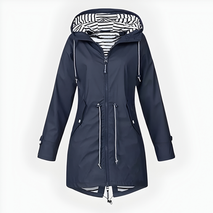 Women's all-weather long rain jacket. Functional & stylish, offering waterproof and windproof protection.