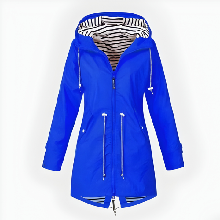Practical women's hooded long rain jacket. Stay dry & chic with this waterproof, windproof outerwear.