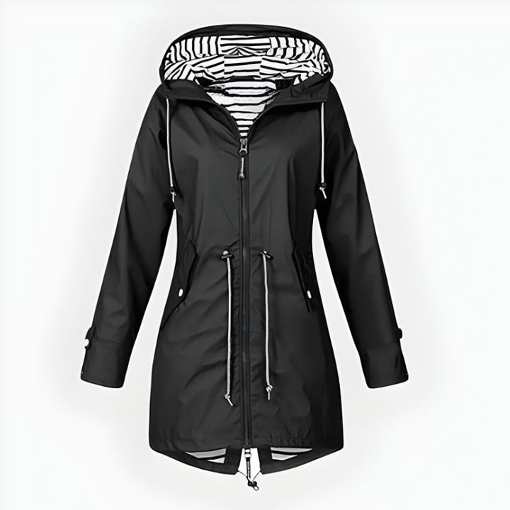 Tailored women's long rain jacket for outdoor adventures. Waterproof, windproof, and elegantly designed.