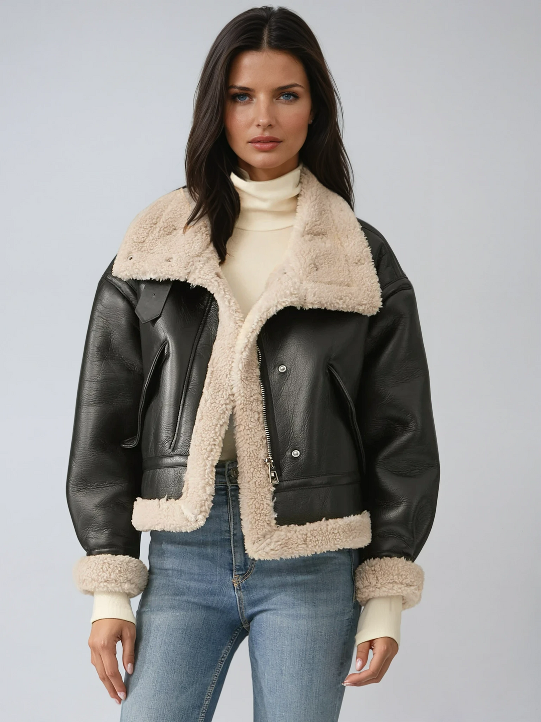 Women's stylish olive green flight jacket. Warm, cozy bomber outerwear for winter fashion & casual layering.