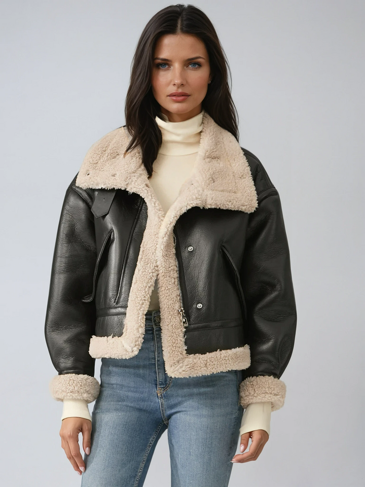 Women's stylish olive green flight jacket. Warm, cozy bomber outerwear for winter fashion & casual layering.