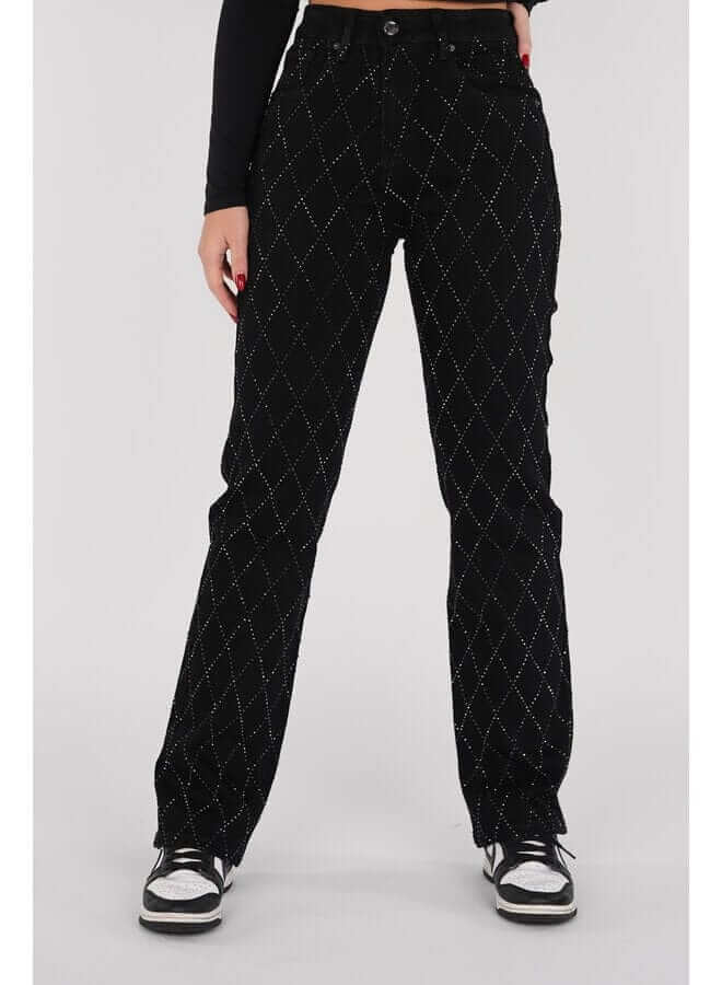 Women's stylish straight leg jeans in blue denim, featuring a unique diamond pattern. Perfect for casual wear.