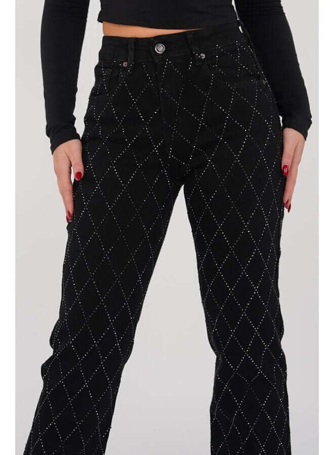 Full-length shot of comfortable women's straight leg jeans with a chic diamond design. Versatile denim bottoms.
