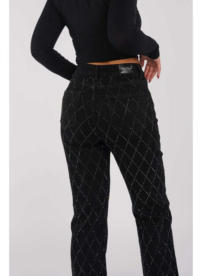 Fashionable women's straight leg pants with an eye-catching diamond pattern, crafted from durable denim.
