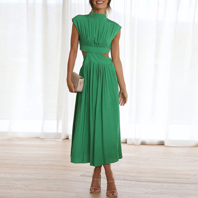 Women's stylish stretch midi dress with high collar & short sleeves. Comfortable & elegant for casual or party wear.