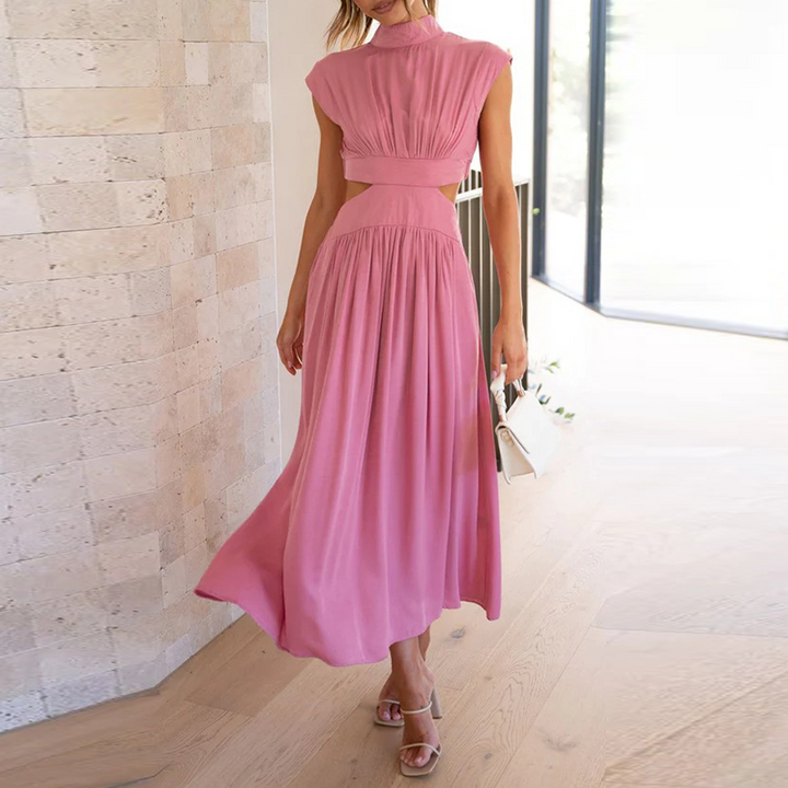 Form-fitting women's stretch midi dress, short sleeve, high collar. Comfortable & stylish for summer fashion.
