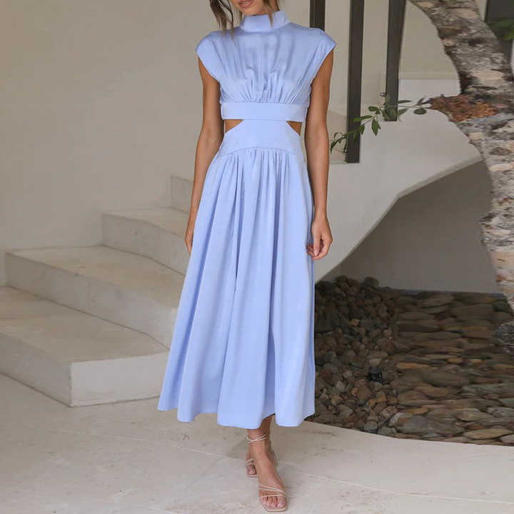 Comfortable women's short sleeve midi stretch dress. Stylish design with a high collar, ideal for summer vacation.