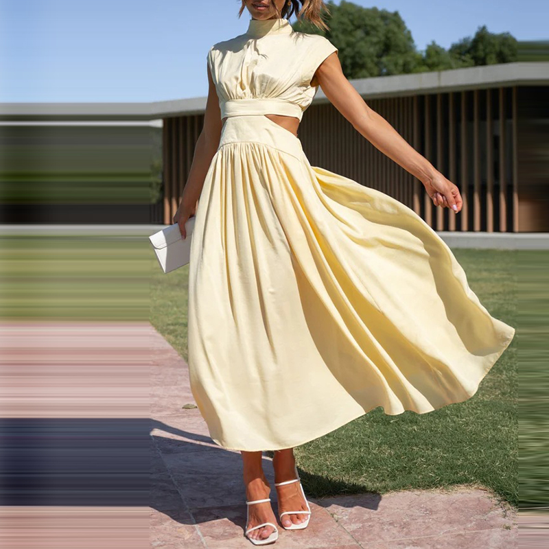 Stylish women's midi dress, stretch fabric, high collar & short sleeve. Elegant & comfortable for any summer occasion.