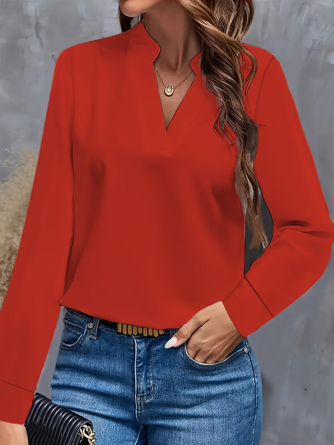 Chic women's lightweight flowy V-neck blouse. Comfortable & versatile fashion top for elegant casual summer style.