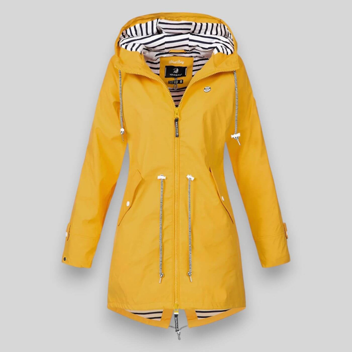 Women's stylish waterproof hooded rain jacket, lightweight for everyday casual wear & fall fashion.