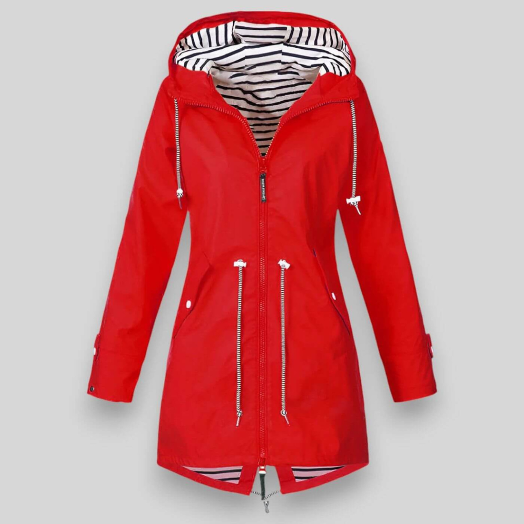 Colorful women's waterproof jacket, stylish & versatile for everyday rain protection in spring & fall.