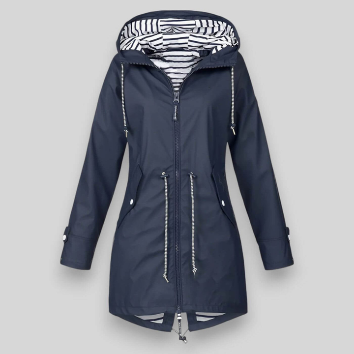 Sleek women's waterproof jacket with adjustable hood, perfect for light rain, spring, & fall fashion.