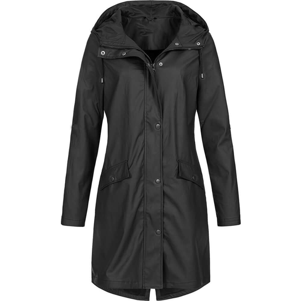 Women's stylish waterproof hooded rain jacket. Perfect for all-weather protection & outdoor activities.
