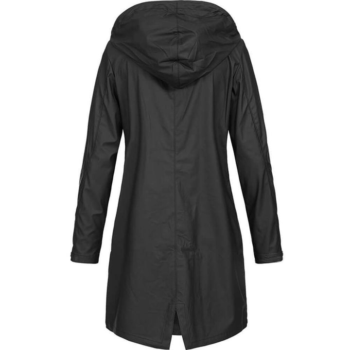 Fashionable women's waterproof outerwear. A chic hooded jacket, perfect for rainy days & urban style.