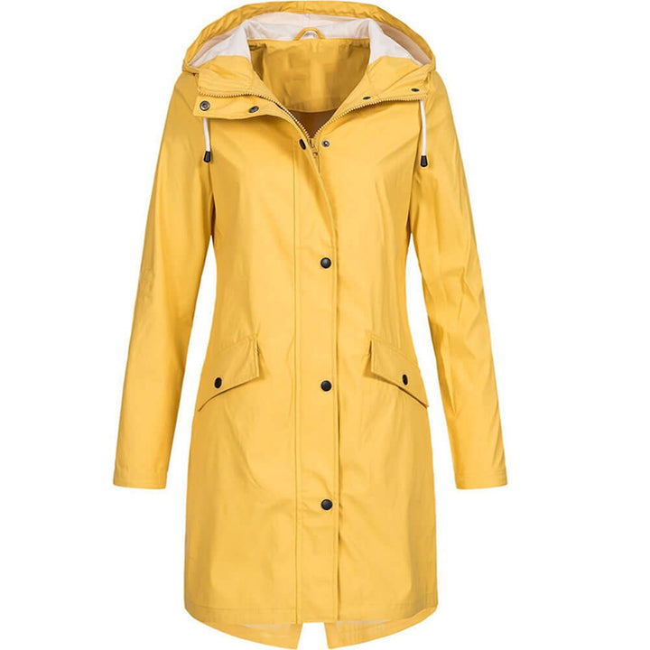 Durable women's all-weather rain jacket with hood. Offers superior waterproof protection and style.