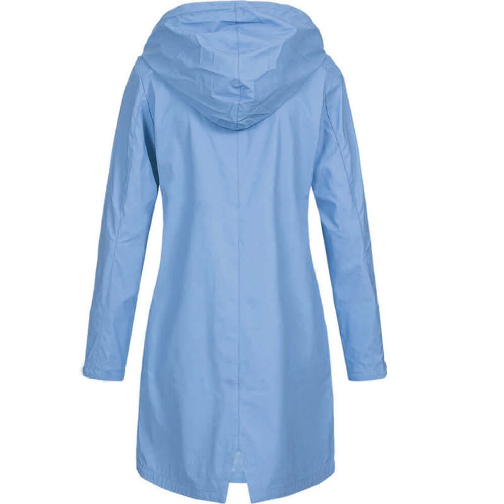 Chic women's hooded rain jacket. A fashionable waterproof outerwear piece, perfect for any season's style.