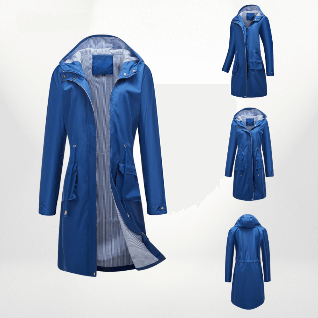Blue women's waterproof over-knee trench coat, a stylish long rain jacket for ultimate protection on rainy days.