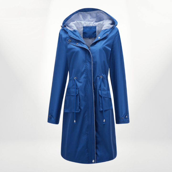 Women's waterproof over-knee trench coat, excellent long rain jacket protection for wet, rainy days and outdoor wear.
