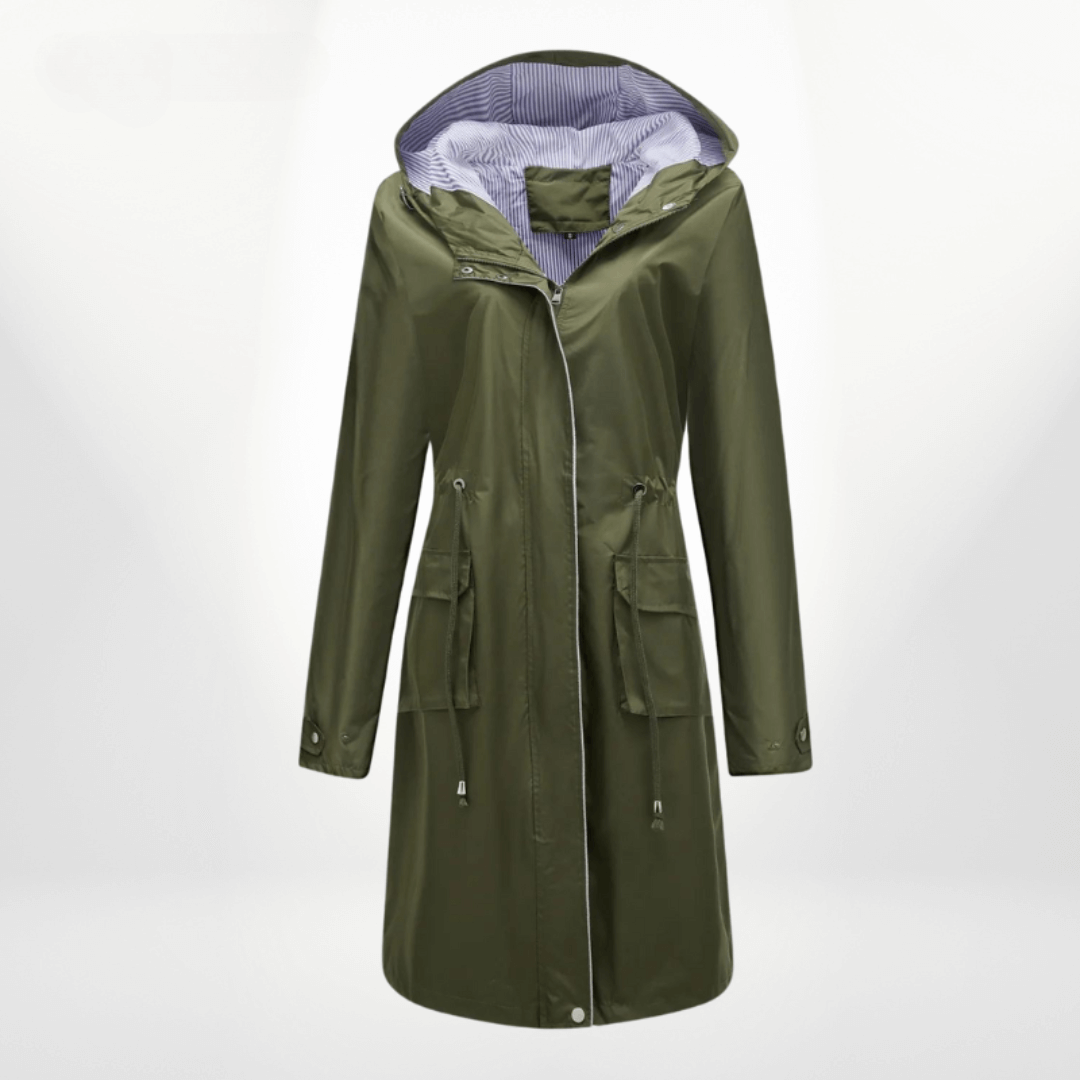 Stylish women's over-knee waterproof trench coat, a long rain jacket with practical adjustable waist feature.