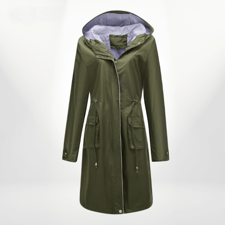 Stylish women's over-knee waterproof trench coat, a long rain jacket with practical adjustable waist feature.