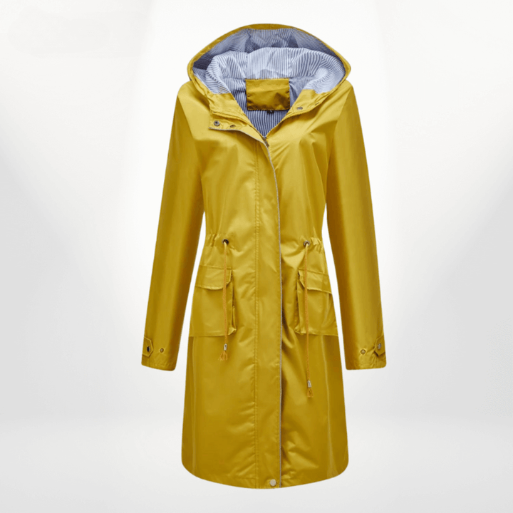 Lightweight women's waterproof over-knee trench coat, stylish long rain outerwear perfect for all seasons.