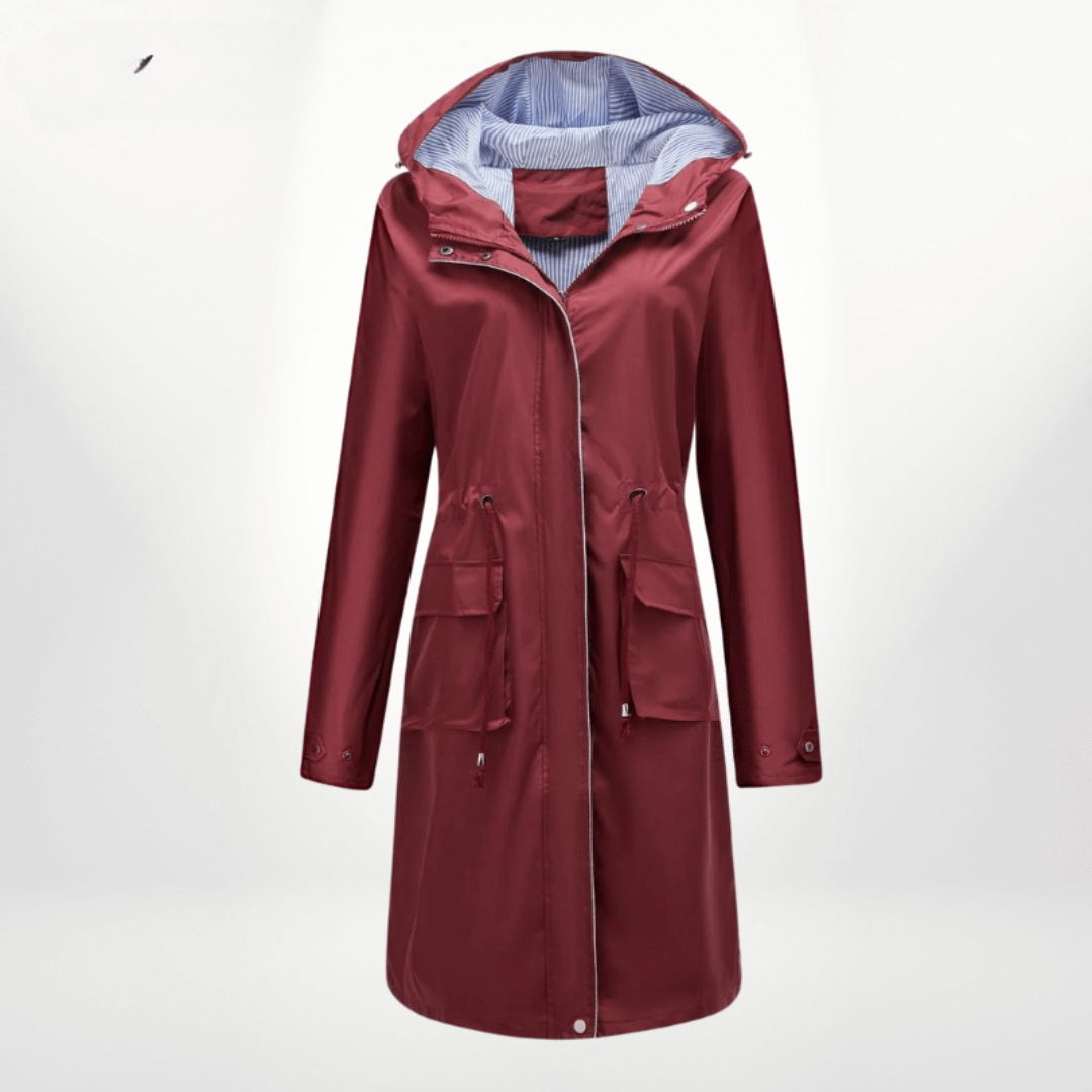 Black women's waterproof over-knee trench coat, a versatile and stylish long rain jacket for various occasions.