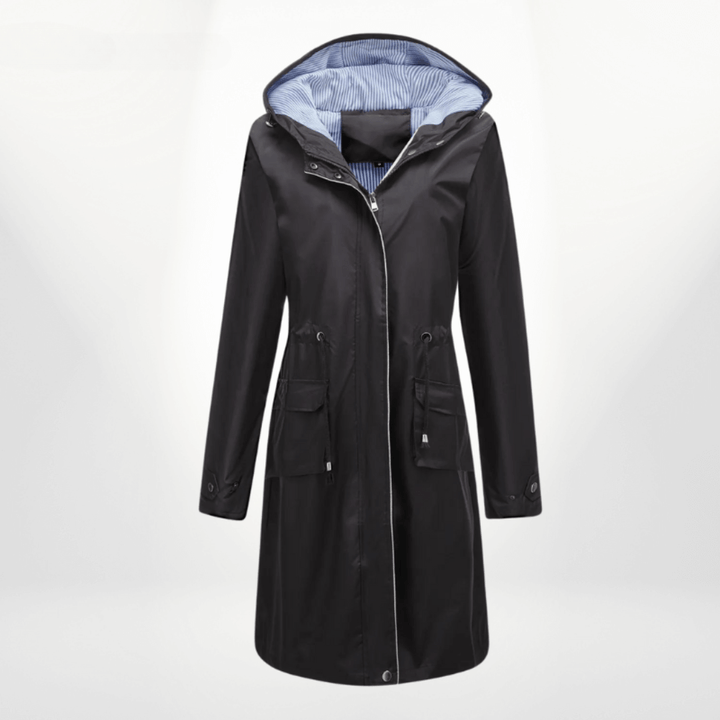 Red women's stylish waterproof over-knee trench coat, the perfect long rain jacket outerwear for women.