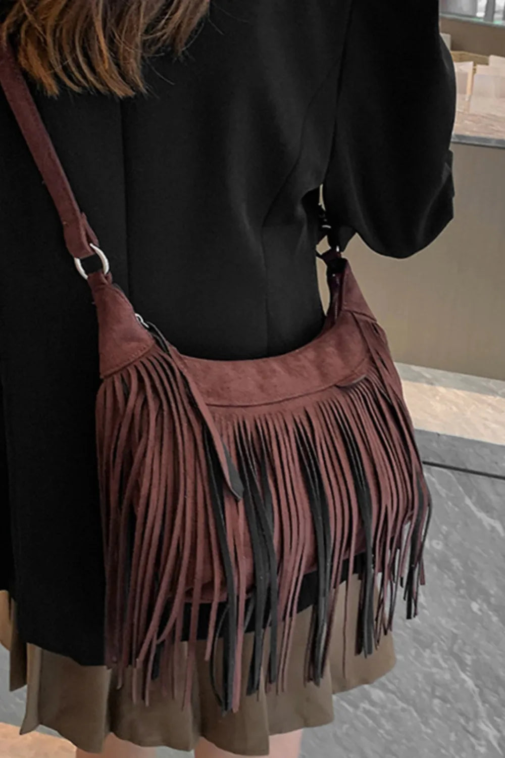 Everyday women's suede fringe crossbody purse, a cute boho small handbag.