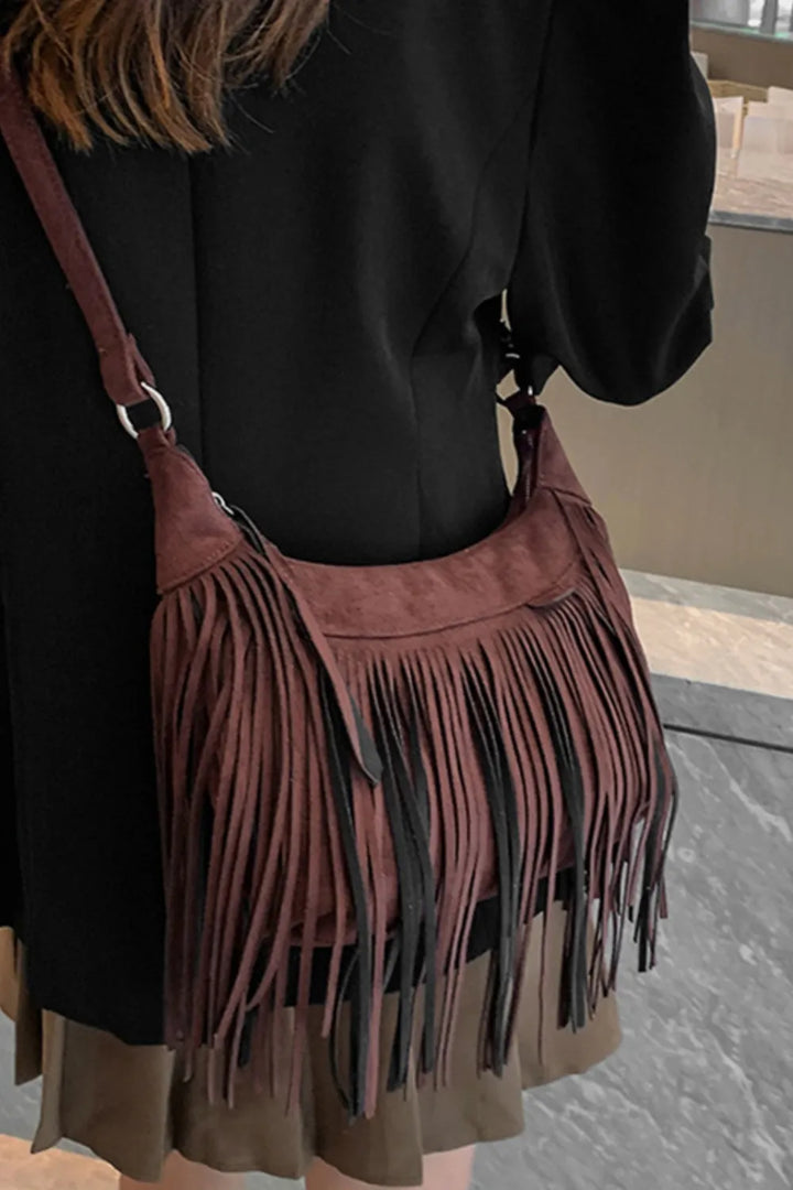 Everyday women's suede fringe crossbody purse, a cute boho small handbag.