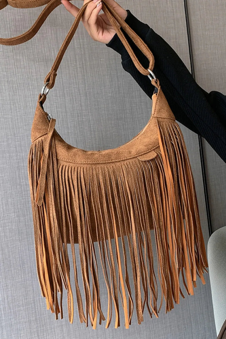 Tan suede fringe crossbody bag, a stylish boho shoulder bag for women.