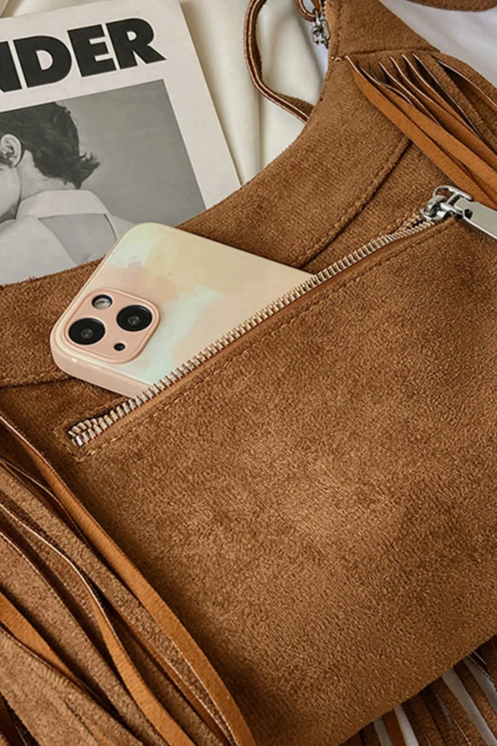 Tan suede boho fringe crossbody bag, a versatile small shoulder purse.