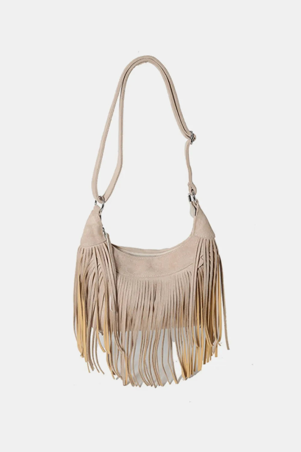 Casual boho chic women's suede fringe crossbody, a perfect small shoulder bag.