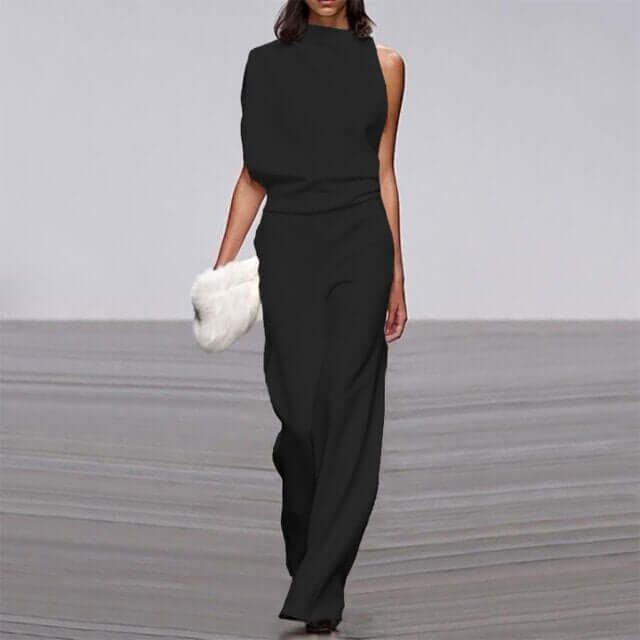 Close-up of a women's elegant summer jumpsuit, featuring comfortable fabric & a flattering sleeveless design.
