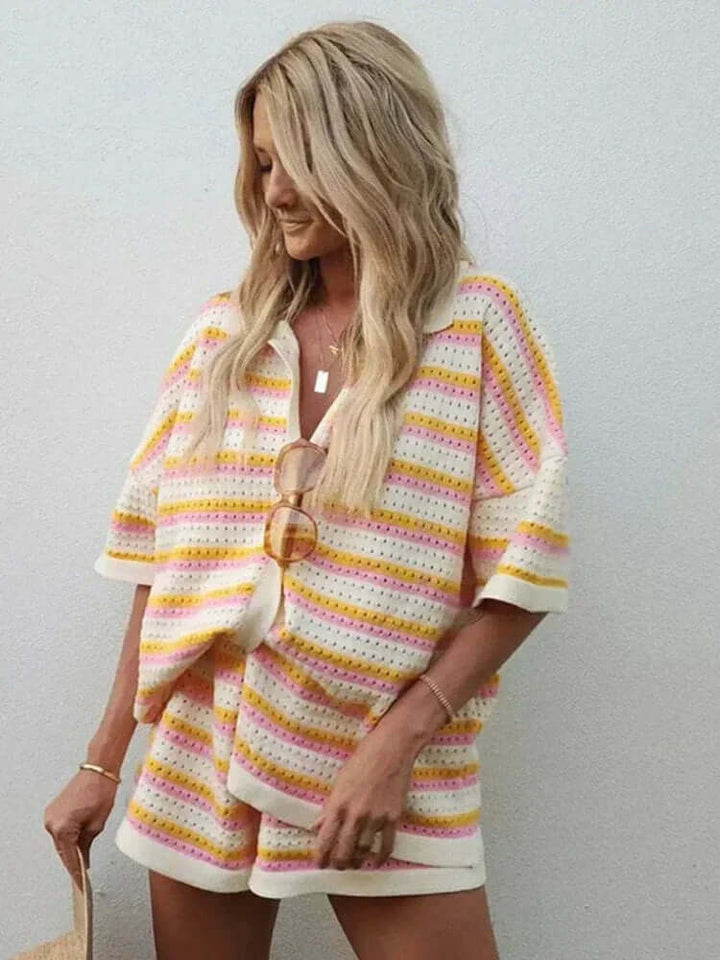 Soft knit women's set featuring blue & pink stripes, includes comfy top and shorts for summer.