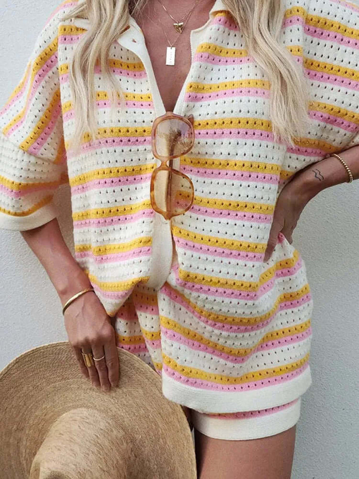 Chic women's striped knit shorts set, a trendy two-piece for casual summer outings or lounging.
