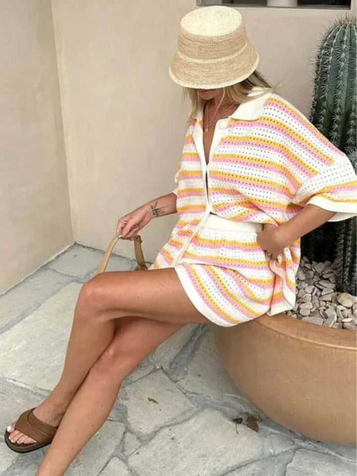 Vibrant pink & blue striped knit women's summer set, a comfortable two-piece with shorts.