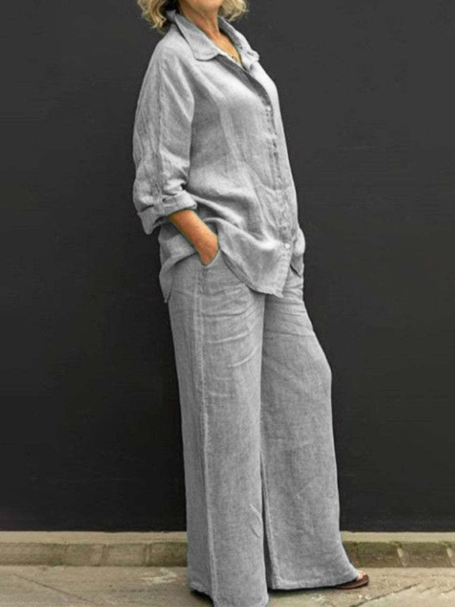 Comfortable women's two-piece set with V-neck top and elastic waist, relaxed fit cotton-linen pants for summer.
