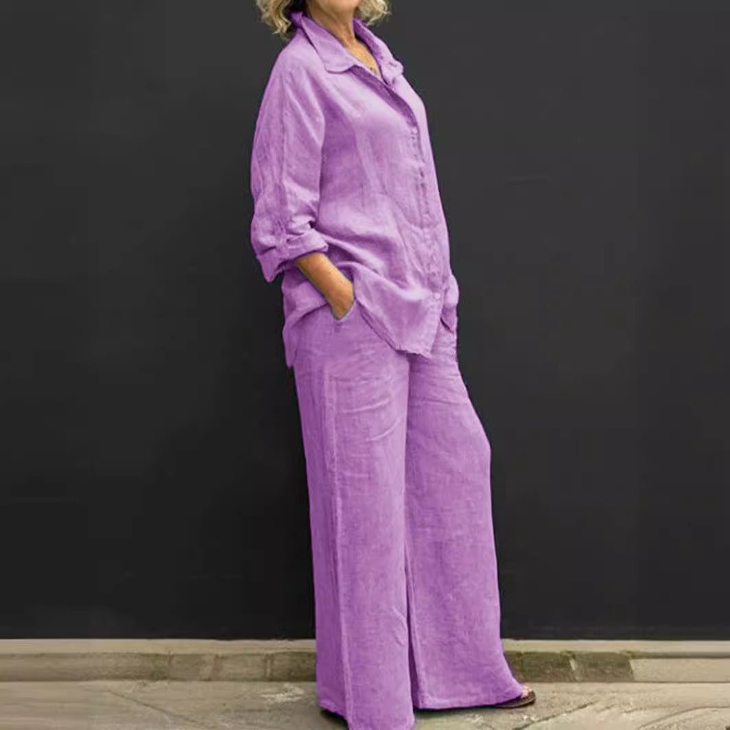 Stylish women's summer two-piece outfit. Breathable cotton-linen V-neck top & comfy elastic waist pants.